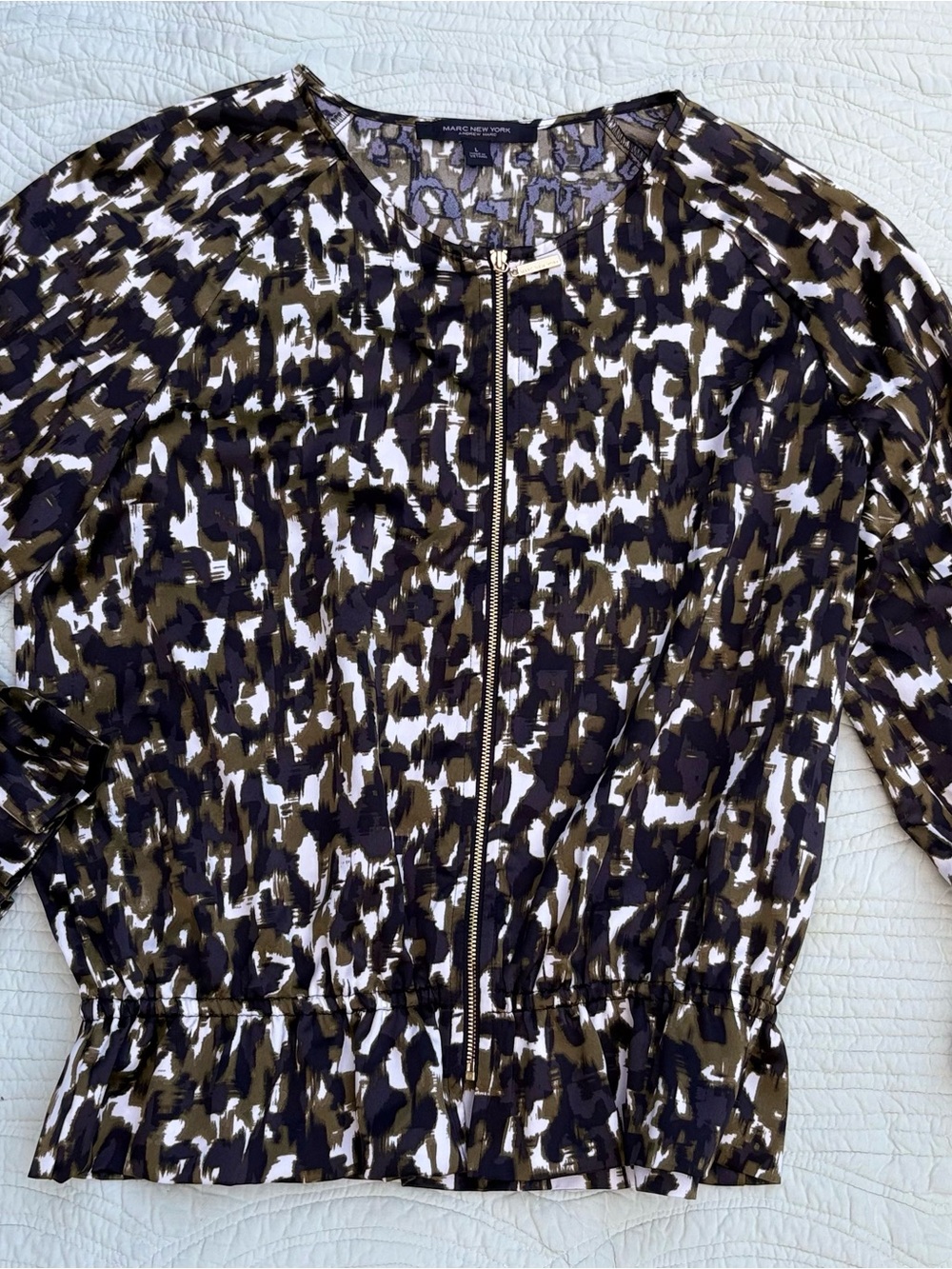 Marc New York Women’s Olive Black White Zip-up Polyester Blouse Large